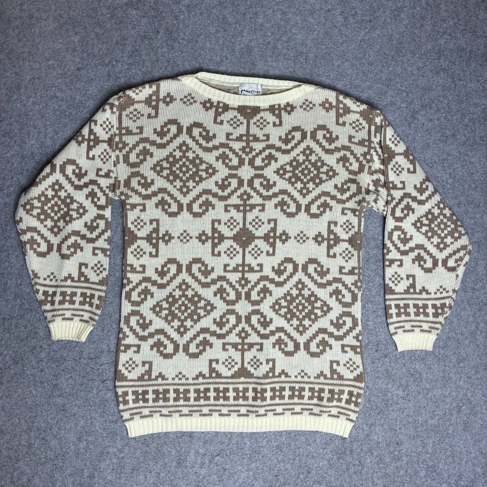 Objectives Sweater Women Medium Tan Cream Geometric Fair Isle Knit Pullover Vtg